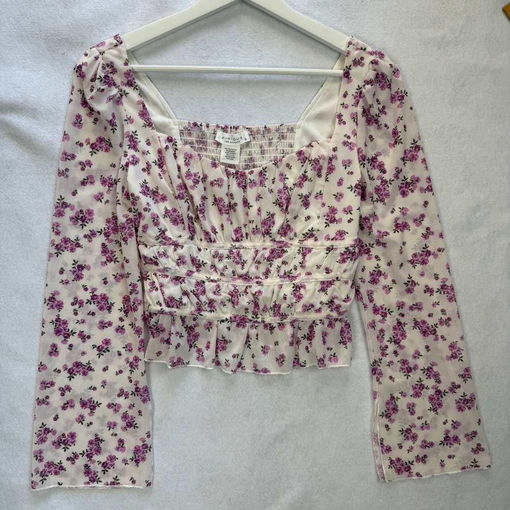 KIRIOUS Los Angeles Womens Floral Cropped Blouse Size S Milkmaid Smocked Cottage